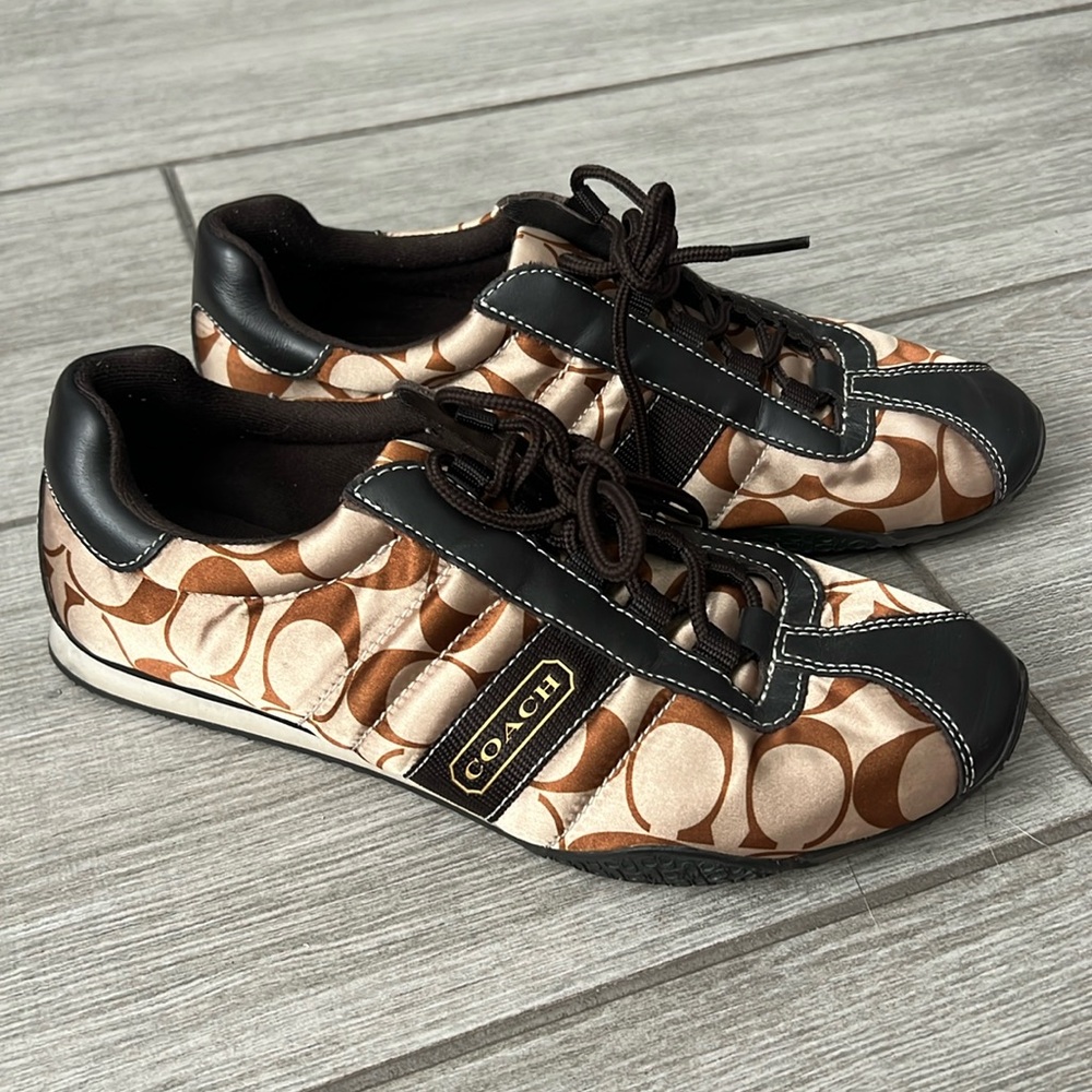 Coach Kirby Leather Satin Logo Printed Lace Up Sneakers Size 7 EUC